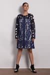 Buy_Devina Juneja_Blue Denim, Satin Round Neck Foliage Cutwork Dress _at_Aza_Fashions