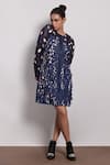 Devina Juneja_Blue Denim, Satin Round Neck Foliage Cutwork Dress _Online_at_Aza_Fashions