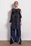 Buy_Devina Juneja_Blue Denim Patchwork Round Neck Woven Long Top _at_Aza_Fashions