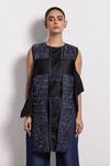 Devina Juneja_Blue Denim Patchwork Round Neck Woven Long Top _Online_at_Aza_Fashions