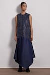 Buy_Devina Juneja_Blue Denim Round Neck Sleeveless Dress With Leather Motifs _at_Aza_Fashions