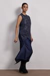 Devina Juneja_Blue Denim Round Neck Sleeveless Dress With Leather Motifs _Online_at_Aza_Fashions