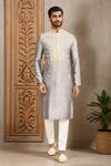 Buy_Kalighata_Gray Chanderi Sequins, Cut Work Floral Butti Embroidered Kurta Set _at_Aza_Fashions