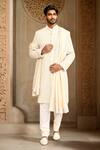 Buy_Kalighata_Ivory Silk Cut Work, Sequins, Embroidery Floral Sherwani Set _at_Aza_Fashions
