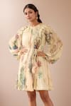 Buy Pankaj & Nidhi Beige Chiffon Embroidery Round Neck Embellished Floral Dress With Braided Belt at Aza Fashions Buy_Pankaj & Nidhi_Beige Chiffon Embroidery Round Neck Embellished Floral Dress With Braided Belt _at_Aza_Fashions