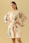 Pankaj & Nidhi Beige Chiffon Embroidery Round Neck Embellished Floral Dress With Braided Belt Online at Aza Fashions Pankaj & Nidhi_Beige Chiffon Embroidery Round Neck Embellished Floral Dress With Braided Belt _Online_at_Aza_Fashions