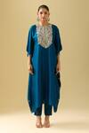 Shop Prisho Blue Cotton Pearls, Gota Patti Round Neck Floral Vine Embroidered Kaftan Set Online at Aza Fashions Shop_Prisho_Blue Cotton Pearls, Gota Patti Round Neck Floral Vine Embroidered Kaftan Set _Online_at_Aza_Fashions