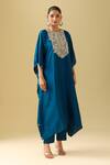 Prisho Blue Cotton Pearls, Gota Patti Round Neck Floral Vine Embroidered Kaftan Set at Aza Fashions Prisho_Blue Cotton Pearls, Gota Patti Round Neck Floral Vine Embroidered Kaftan Set _at_Aza_Fashions