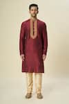 Shop_Samyukta Singhania_Wine Kurta Poly Silk Floral Embroidered Set _Online_at_Aza_Fashions
