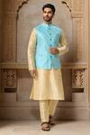 Buy Arihant Rai Sinha Blue Brocade, Silk Embroidery Leaf Motif Bundi Set at Aza Fashions Buy_Arihant Rai Sinha_Blue Brocade, Silk Embroidery Leaf Motif Bundi Set _at_Aza_Fashions