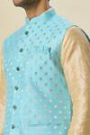 Arihant Rai Sinha Blue Brocade, Silk Embroidery Leaf Motif Bundi Set Online at Aza Fashions Arihant Rai Sinha_Blue Brocade, Silk Embroidery Leaf Motif Bundi Set _Online_at_Aza_Fashions