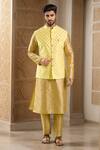 Buy_Samyukta Singhania_Yellow Brocade, Silk Embroidery Leaf Motif Bundi Kurta Set _at_Aza_Fashions