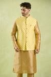 Shop_Samyukta Singhania_Yellow Brocade, Silk Embroidery Leaf Motif Bundi Kurta Set _Online_at_Aza_Fashions