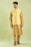 Samyukta Singhania_Yellow Brocade, Silk Embroidery Leaf Motif Bundi Kurta Set _at_Aza_Fashions