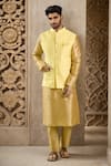 Buy_Samyukta Singhania_Yellow Brocade, Silk Embroidery Flower Motif Bundi And Kurta Set _at_Aza_Fashions