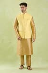 Shop_Samyukta Singhania_Yellow Brocade, Silk Embroidery Flower Motif Bundi And Kurta Set _Online_at_Aza_Fashions