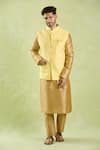 Samyukta Singhania_Yellow Brocade, Silk Embroidery Flower Motif Bundi And Kurta Set _at_Aza_Fashions