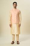 Shop_Arihant Rai Sinha_Pink Brocade, Silk Embroidery Leaf Motif Bundi With Solid Kurta Set _Online_at_Aza_Fashions