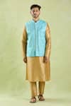 Shop_Samyukta Singhania_Blue Brocade, Silk Embroidery Stripe Pattern Bundi With Kurta Set _at_Aza_Fashions