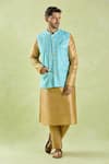 Samyukta Singhania_Blue Brocade, Silk Embroidery Stripe Pattern Bundi With Kurta Set _at_Aza_Fashions