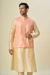 Shop_Arihant Rai Sinha_Pink Brocade, Silk Stripe Pattern Bundi And Kurta Set _Online_at_Aza_Fashions