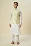 Arihant Rai Sinha_Yellow Brocade, Silk Embroidery Leaf Motif Bundi And Solid Kurta Set _Online_at_Aza_Fashions