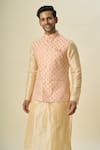 Arihant Rai Sinha_Peach Brocade, Silk Embroidery Floral Butta Bundi And Solid Kurta Set _at_Aza_Fashions