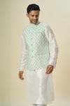 Arihant Rai Sinha_Green Brocade, Silk Embroidery Floral Butta Motif Bundi Set _at_Aza_Fashions