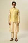 Arihant Rai Sinha_Yellow Brocade, Silk Embroidery Floral Butta Bundi Set _at_Aza_Fashions