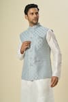 Shop_Arihant Rai Sinha_Gray Brocade, Silk Embroidery Floral Butta Bundi Set _Online_at_Aza_Fashions