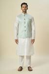 Arihant Rai Sinha_Green Brocade, Silk Embroidery Floral Woven Bundi Kurta Set _at_Aza_Fashions