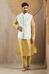Buy_Arihant Rai Sinha_Blue Brocade, Silk Embroidery Leaf Woven Motifs Bundi Kurta Set _at_Aza_Fashions