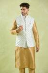 Arihant Rai Sinha_Blue Brocade, Silk Embroidery Leaf Woven Motifs Bundi Kurta Set _at_Aza_Fashions