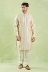 Samyukta Singhania_Beige Polyester, Silk, Chanderi Mirrors, Embroidery Kurta Set _Online_at_Aza_Fashions