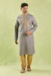 Buy_Arihant Rai Sinha_Gray Linen, Cotton Embroidery Floral Vine Zari Kurta Set _Online_at_Aza_Fashions