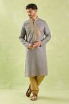 Shop_Arihant Rai Sinha_Gray Linen, Cotton Embroidery Floral Vine Zari Kurta Set _Online_at_Aza_Fashions