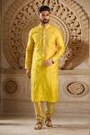 Buy_Samyukta Singhania_Yellow Art Silk Embroidery Abstract Floral Kurta And Churidar _at_Aza_Fashions