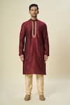 Shop_Samyukta Singhania_Wine Kurta Poly Silk Placement Embroidery Floral Placket Set _Online_at_Aza_Fashions