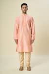 Shop_Arihant Rai Sinha_Pink Polyester, Chanderi Embroidery Paisley Placket Kurta And Churidar _Online_at_Aza_Fashions