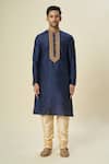Shop_Arihant Rai Sinha_Blue Polyester, Silk, Chanderi Embroidery Jaal Placket Kurta Set _Online_at_Aza_Fashions