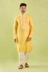 Shop_Samyukta Singhania_Yellow Polyester, Silk, Chanderi Embroidery Floral Jaal Placket Kurta Set _Online_at_Aza_Fashions