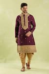 Shop_Arihant Rai Sinha_Wine Polyester, Silk Diamonds, Embroidery Floral Dori Kurta Set _Online_at_Aza_Fashions