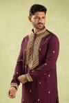 Arihant Rai Sinha_Wine Polyester, Silk Diamonds, Embroidery Floral Dori Kurta Set _at_Aza_Fashions