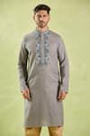 Shop Arihant Rai Sinha Gray Linen, Cotton Embroidery Resham Placket Kurta Set Online at Aza Fashions Shop_Arihant Rai Sinha_Gray Linen, Cotton Embroidery Resham Placket Kurta Set _Online_at_Aza_Fashions