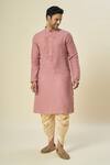 Samyukta Singhania_Pink Kurta Pure Linen Embroidery Aari Set _at_Aza_Fashions