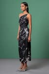Advait_Black Satin One Shoulder Galaxy Print Midi Dress _Online_at_Aza_Fashions