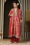 Buy_Soniya G_Red Brocade, Silk Mirrors V-neck Floral Banarasi Kaftan And Pant Set _at_Aza_Fashions