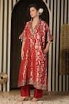 Soniya G_Red Brocade, Silk Mirrors V-neck Floral Banarasi Kaftan And Pant Set _Online_at_Aza_Fashions
