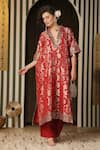 Shop_Soniya G_Red Brocade, Silk Mirrors V-neck Floral Banarasi Kaftan And Pant Set _Online_at_Aza_Fashions