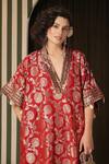 Soniya G_Red Brocade, Silk Mirrors V-neck Floral Banarasi Kaftan And Pant Set _at_Aza_Fashions